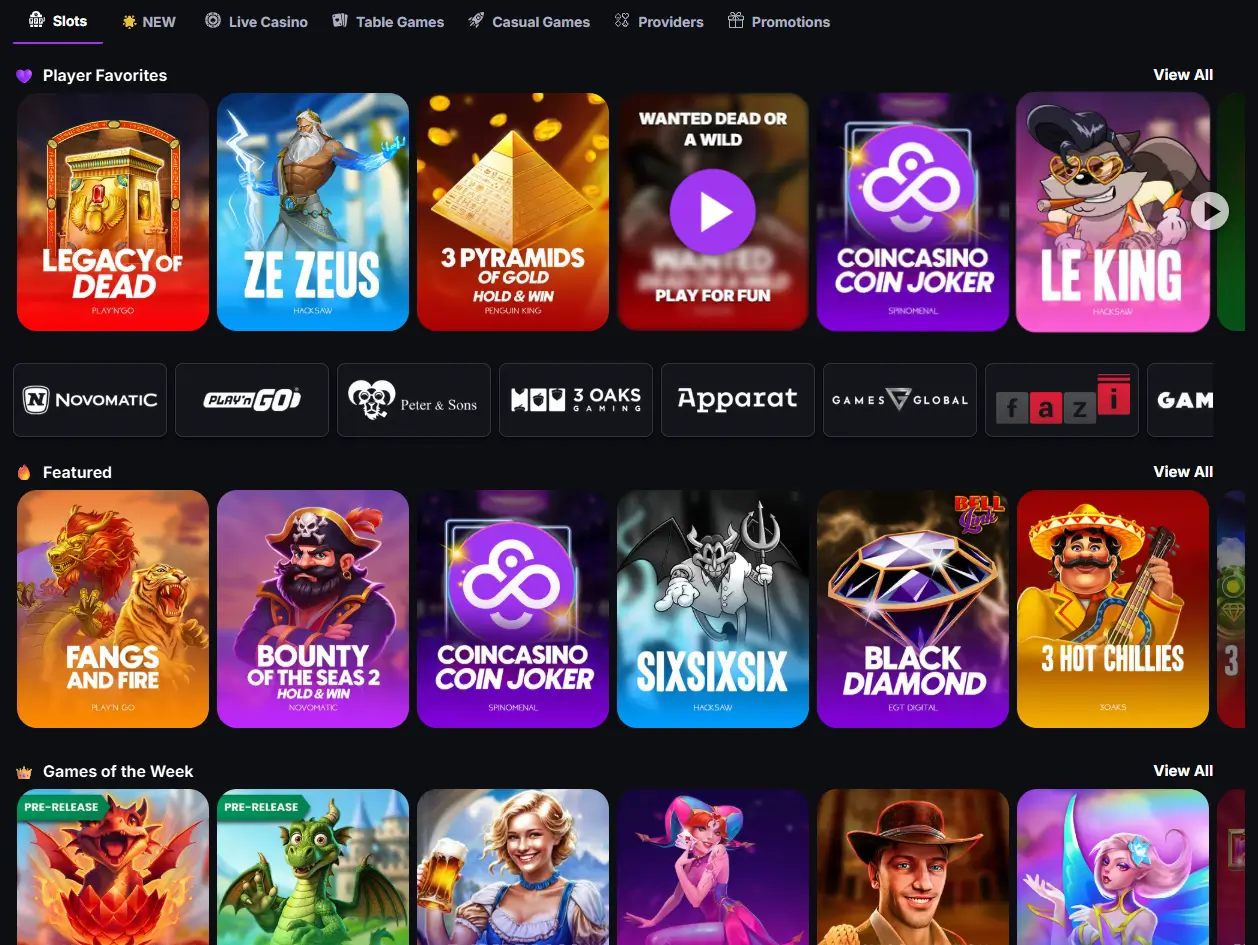 Browse slot games at CoinCasino in the slots lobby