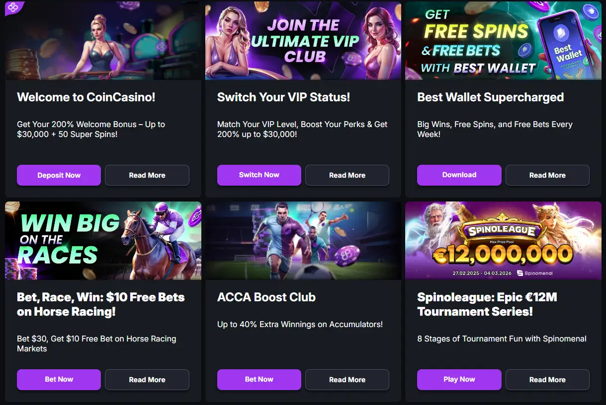 Explore CoinCasino promotions: welcome bonus, VIP status, free spins