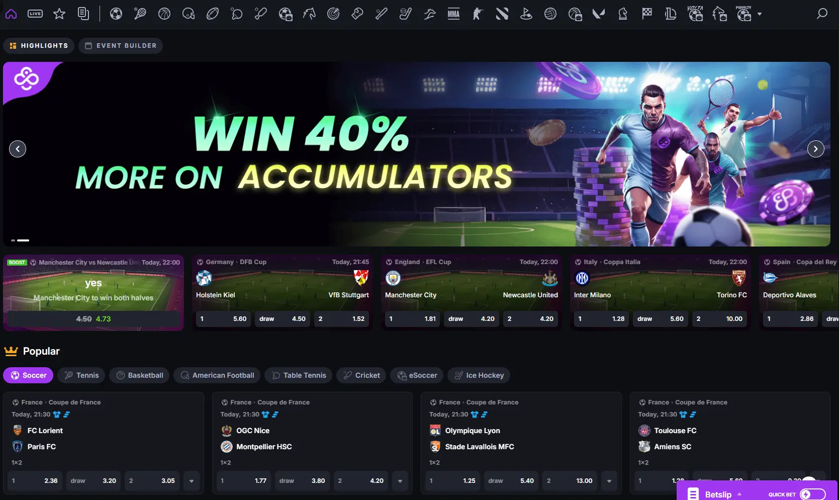 Sports betting at CoinCasino with accumulator boost banner